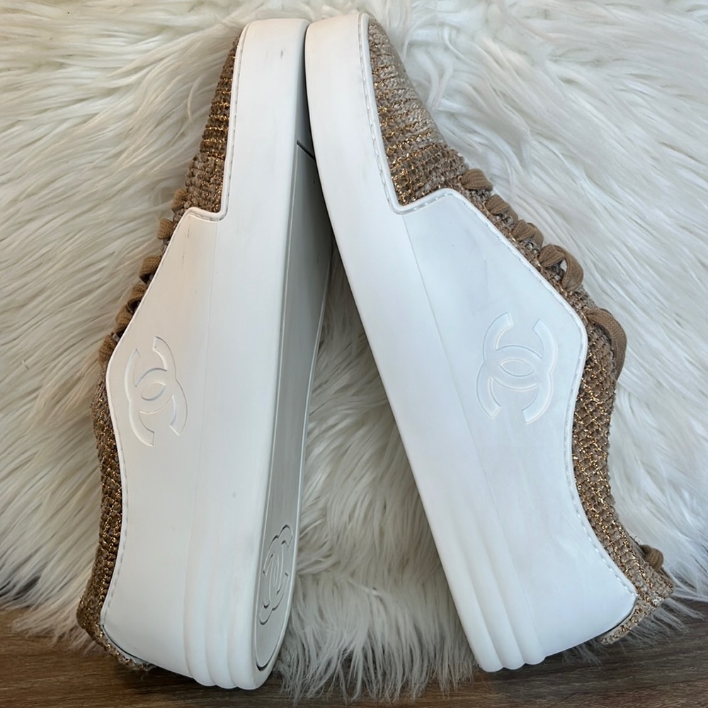 Authentic Chanel Tweed/Leather Interlocking CC Logo Sneakers - Picture 10 of 16